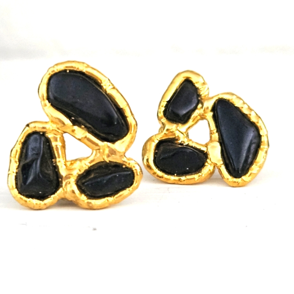 Fashion Three Stone Black and Gold Stud Earrings
